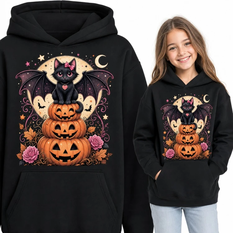 Bluza dziewczęca z kapturem - czarny kotek ze skrzydłami nietoperza na dyniach Halloween