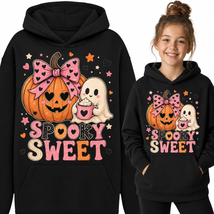 Bluza dziewczęca z kapturem - „Spooky sweet” dynia z różową kokardą i duszek na Halloween