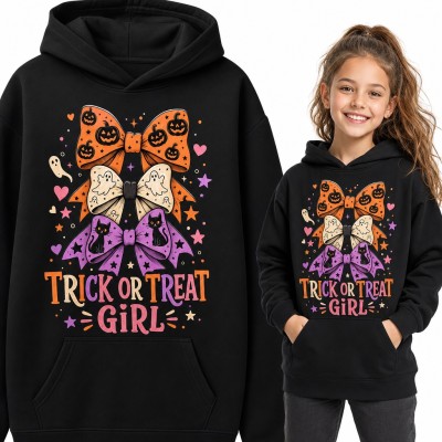 Bluza dziewczęca z kapturem - „Trick or treat girl” z halloweenowymi kokardami