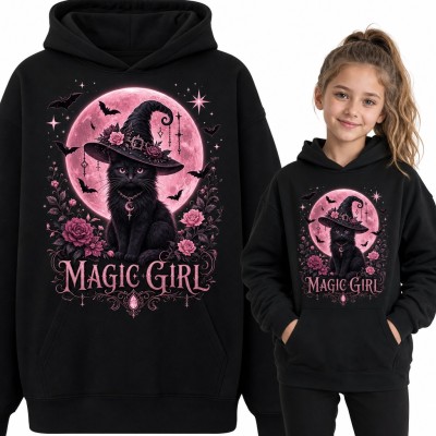 Bluza dziewczęca z kapturem - czarny kot czarownica „Magic Girl” na różowym księżycu