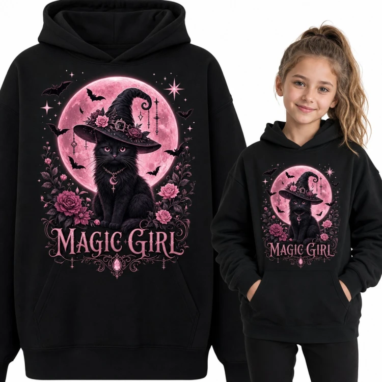 Bluza dziewczęca z kapturem - czarny kot czarownica „Magic Girl” na różowym księżycu
