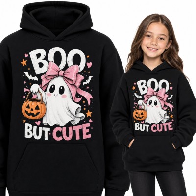 Bluza dziewczęca z kapturem - „Boo but cute” duszek z różową kokardą i dynią na Halloween