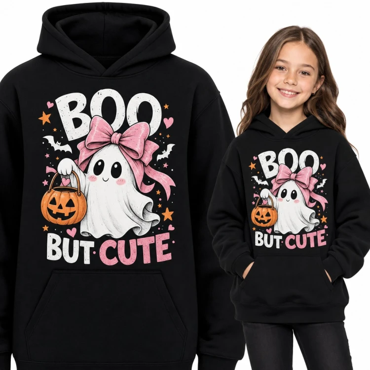 Bluza dziewczęca z kapturem - „Boo but cute” duszek z różową kokardą i dynią na Halloween