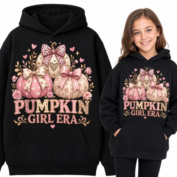 Bluza dziewczęca z kapturem „Pumpkin girl era” - różowe dynie z kokardami