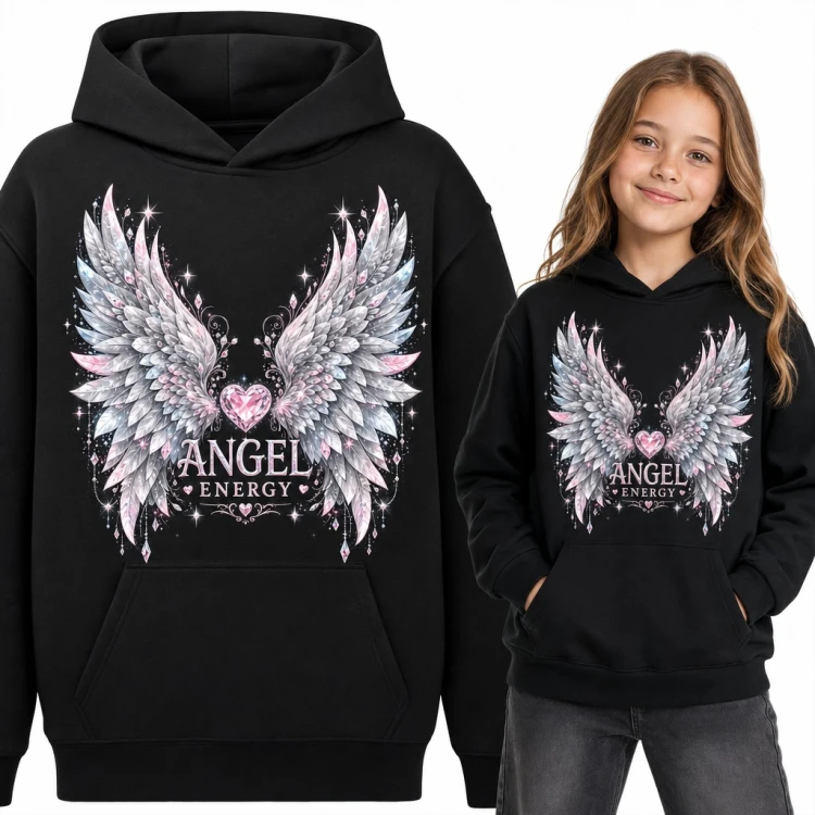 Bluza dziewczęca z kapturem - anielskie skrzydła z kryształowym sercem „Angel Energy”