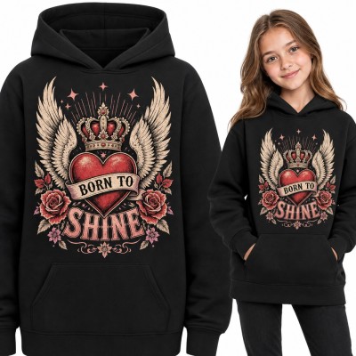 Bluza dziewczęca z kapturem - „Born to Shine” serce z koroną i skrzydłami