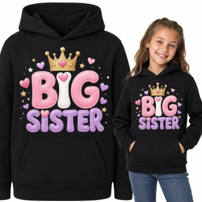 Bluza dziewczęca z kapturem - „Big Sister” ze złotą koroną i serduszkami