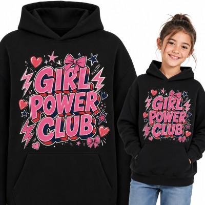 Bluza dziewczęca z kapturem „Girl power club” - różowy komiksowy napis z kokardkami