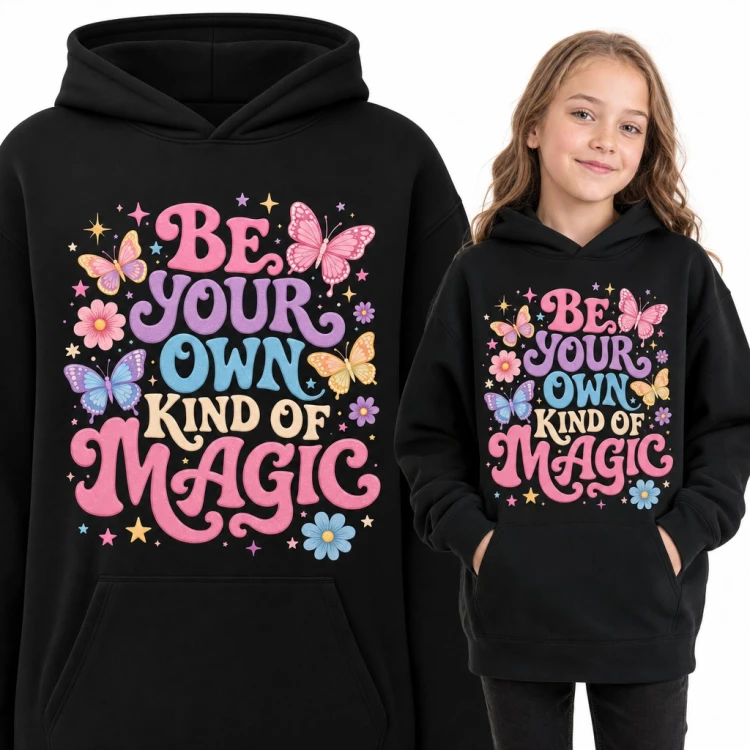 Bluza dziewczęca z kapturem - „Be your own kind of magic” z motylami i kwiatami