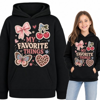 Bluza dziewczęca z kapturem - „My favorite things” z kokardką, wisienkami i motylem