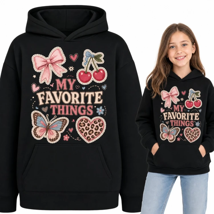Bluza dziewczęca z kapturem - „My favorite things” z kokardką, wisienkami i motylem