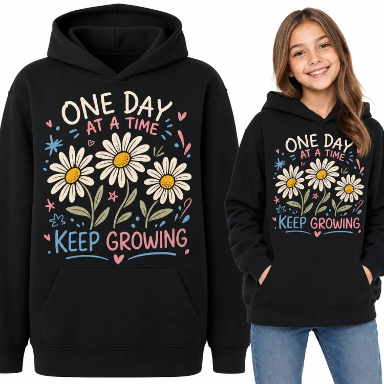 Bluza dziewczęca z kapturem - stokrotki i napis „One day at a time keep growing”