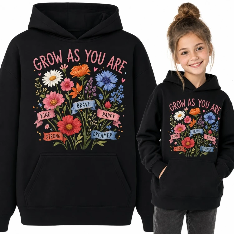 Bluza dziewczęca z kapturem „Grow as you are” - polne kwiaty i wstążki z hasłami