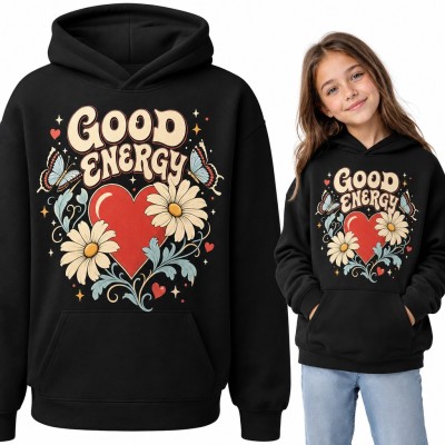 Bluza dziewczęca z kapturem - retro napis „Good energy” z sercem, stokrotkami i motylami
