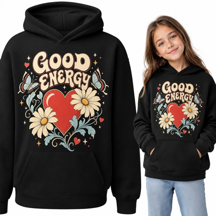 Bluza dziewczęca z kapturem - retro napis „Good energy” z sercem, stokrotkami i motylami