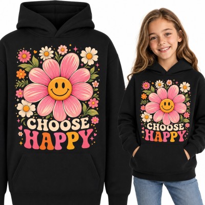 Bluza dziewczęca z kapturem - „Choose happy” z różowym kwiatem i uśmiechniętą buźką