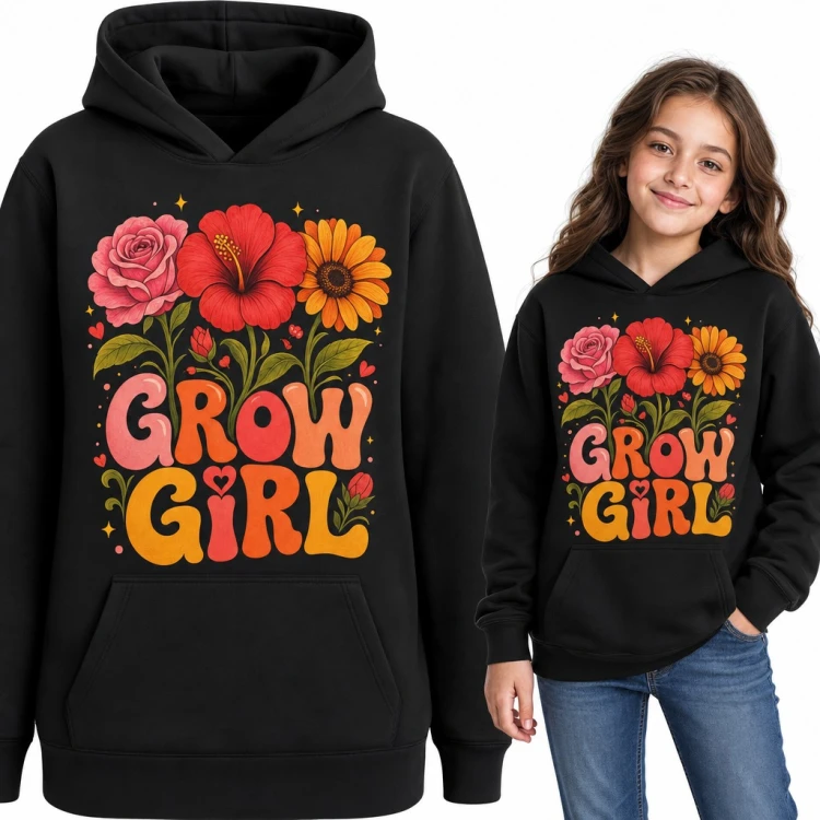Bluza dziewczęca z kapturem - „Grow girl” z różą, hibiskusem i słonecznikiem