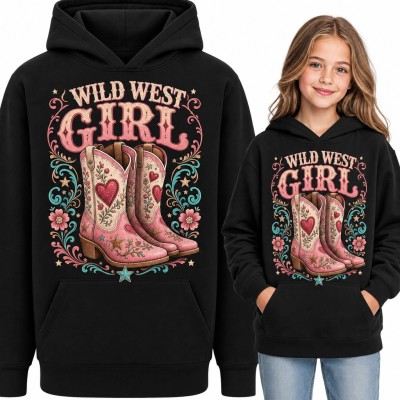 Bluza dziewczęca z kapturem „Wild West girl” - różowe kowbojki z sercami