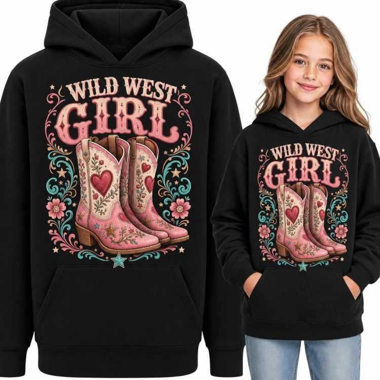 Bluza dziewczęca z kapturem „Wild West girl” - różowe kowbojki z sercami