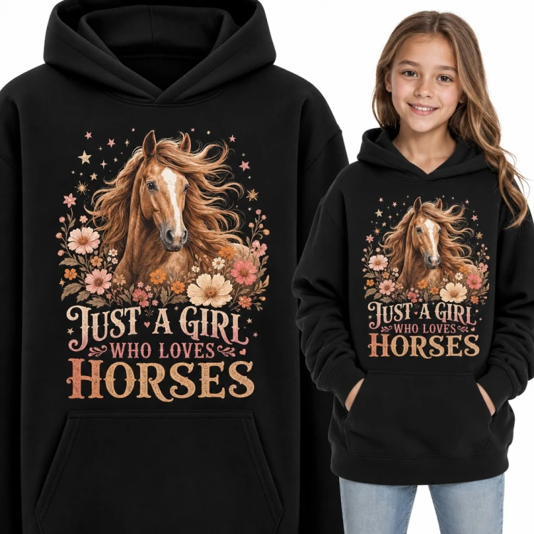 Bluza dziewczęca z kapturem - „Just a girl who loves horses” z koniem wśród kwiatów