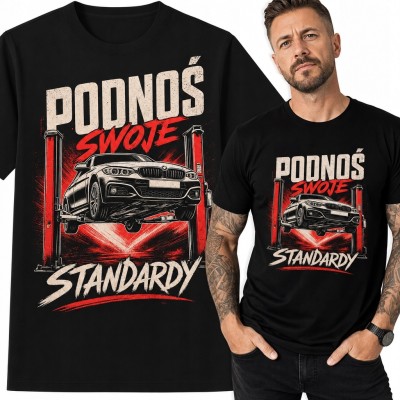 Koszulka męska z autem na podnośniku „Podnoś swoje standardy”