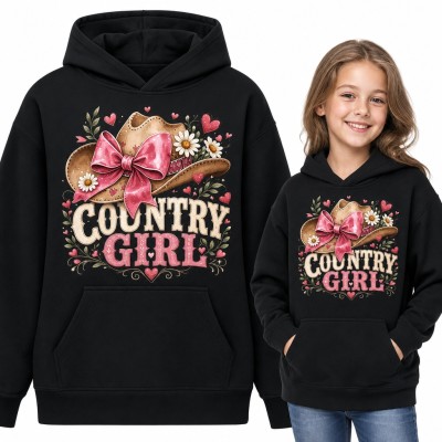 Bluza dziewczęca z kapturem - kowbojski kapelusz z różową kokardą „Country girl”