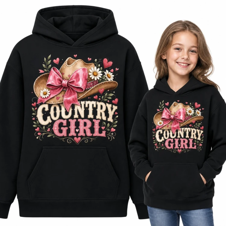 Bluza dziewczęca z kapturem - kowbojski kapelusz z różową kokardą „Country girl”