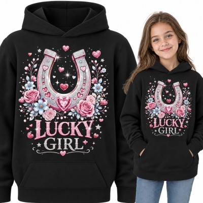 Bluza dziewczęca z kapturem - „Lucky girl” z podkową w różach i serduszkach