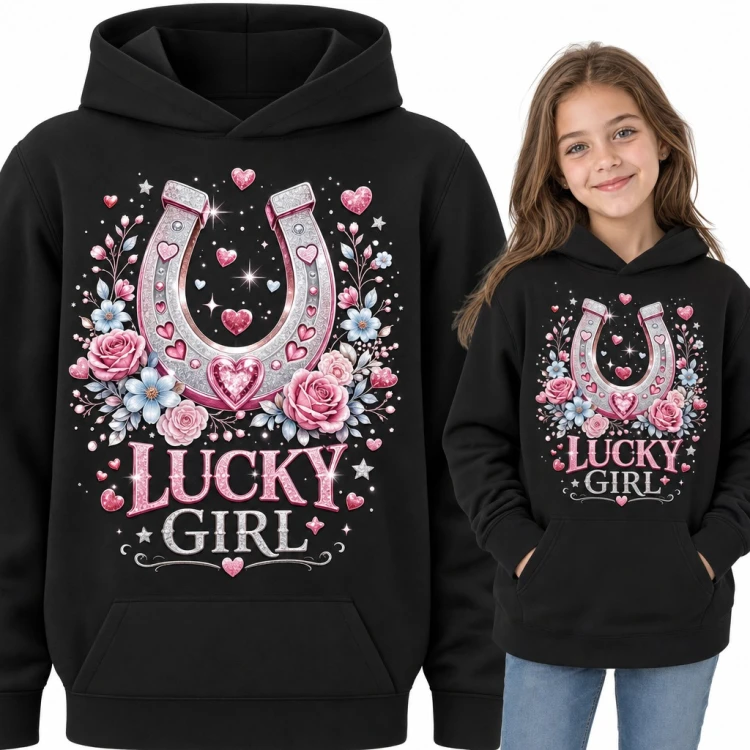 Bluza dziewczęca z kapturem - „Lucky girl” z podkową w różach i serduszkach