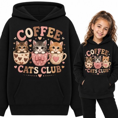 Bluza dziewczęca z kapturem - „Coffee Cats Club” trzy kotki w filiżankach