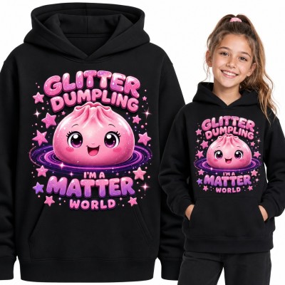 Bluza dziewczęca z kapturem - różowy brokatowy pierożek kawaii „Glitter dumpling I'm a matter world”