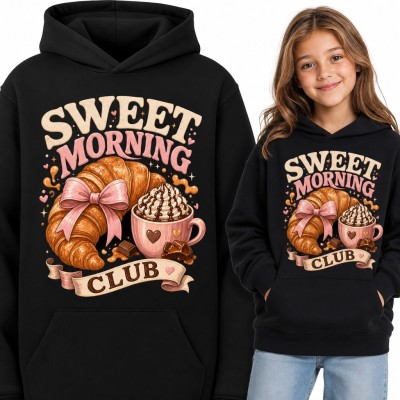 Bluza dziewczęca z kapturem - „Sweet Morning Club” z croissantem i kokardą