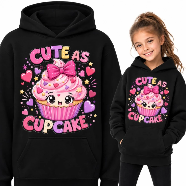 Bluza dziewczęca z kapturem - „Cute as cupcake” z babeczką kawaii i kokardą
