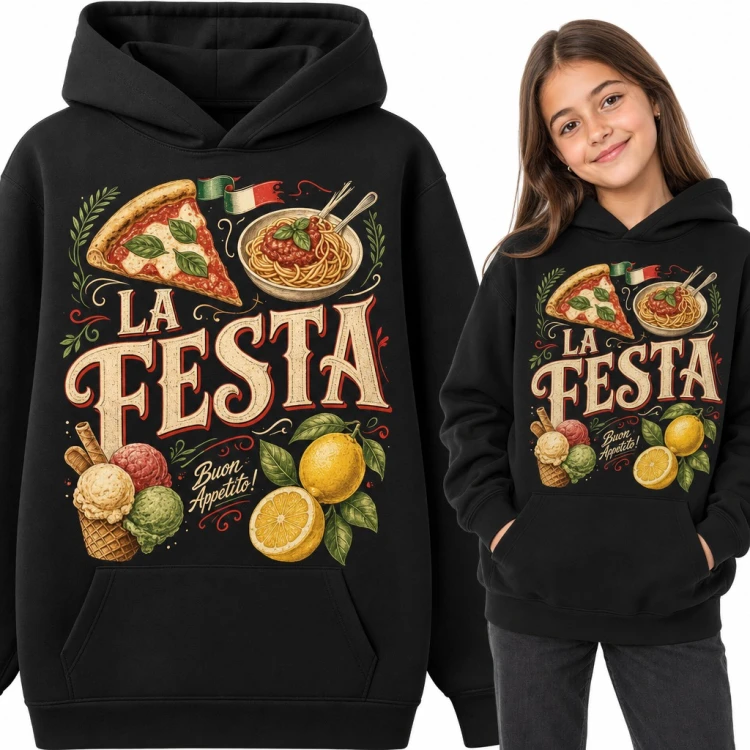 Bluza dziewczęca z kapturem - „La Festa” z włoską pizzą, spaghetti i lodami