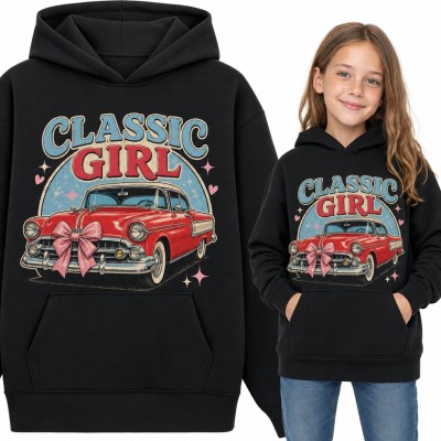 Bluza dziewczęca z kapturem „Classic girl” - czerwone auto retro z różową kokardą