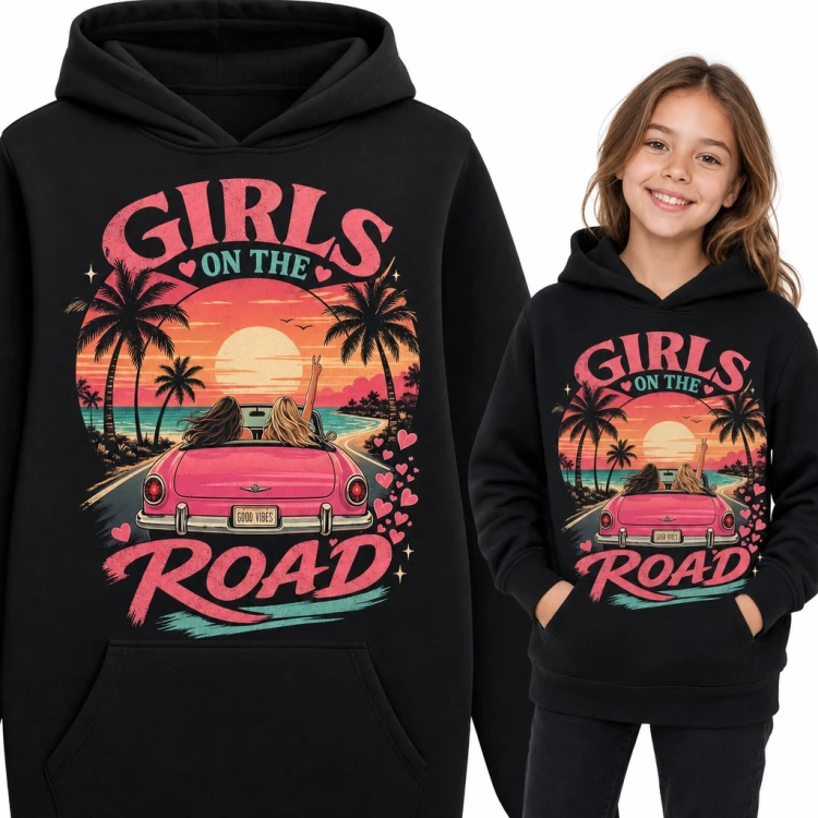 Bluza dziewczęca z kapturem „Girls on the road” - różowy kabriolet i palmy o zachodzie słońca