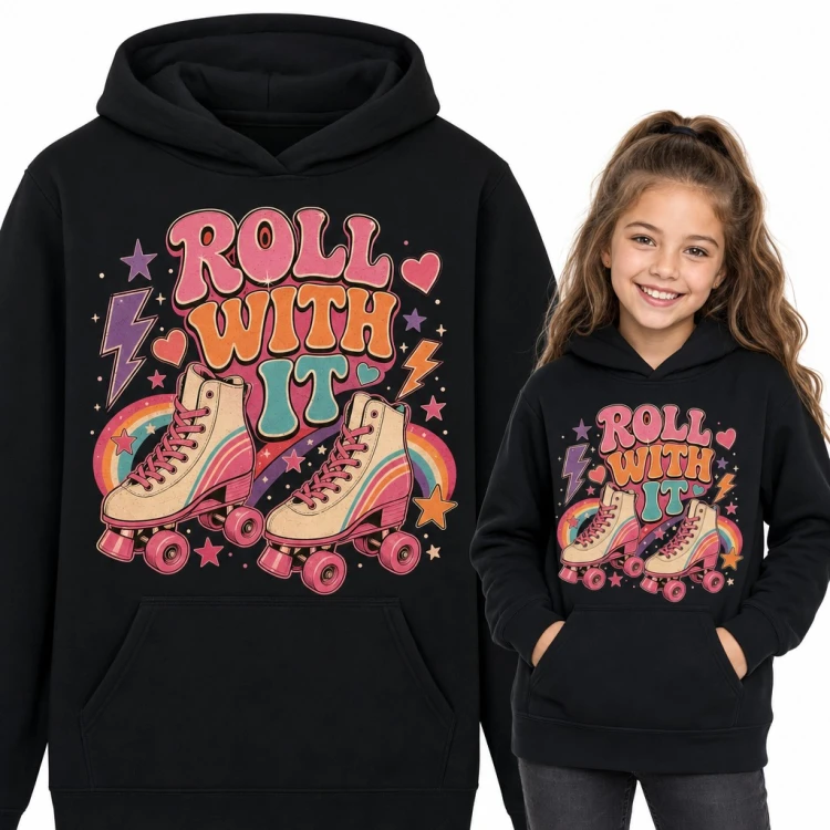 Bluza dziewczęca z kapturem - retro wrotki i tęcza „Roll with it” dla wrotkarki