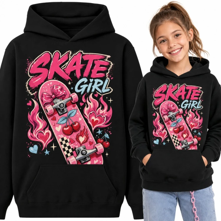 Bluza dziewczęca z kapturem „Skate girl” - różowa deskorolka z wisienkami