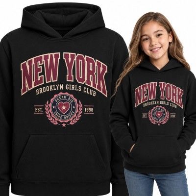 Bluza dziewczęca z kapturem - „New York” w stylu college z herbem Brooklyn Girls Club