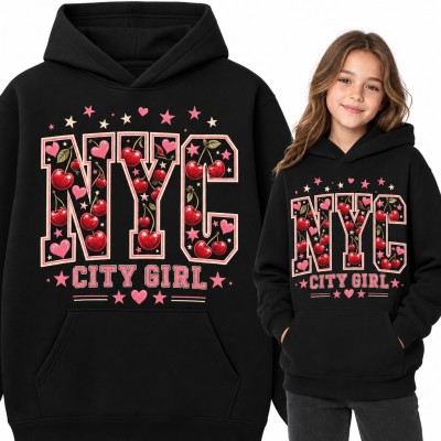 Bluza dziewczęca z kapturem - „NYC City Girl” z wisienkami i serduszkami