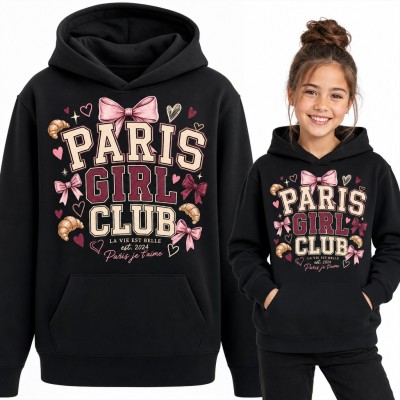 Bluza dziewczęca z kapturem „Paris Girl Club” - różowe kokardki i rogaliki