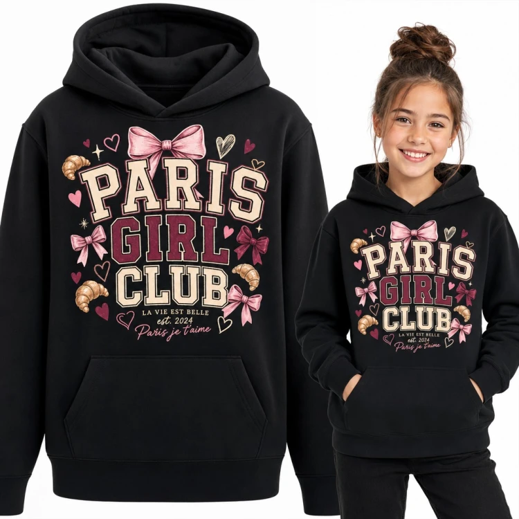 Bluza dziewczęca z kapturem „Paris Girl Club” - różowe kokardki i rogaliki