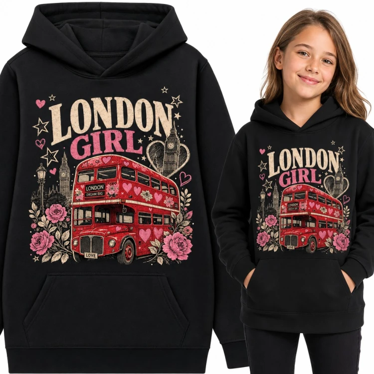 Bluza dziewczęca z kapturem „London Girl” - czerwony autobus i Big Ben w różach