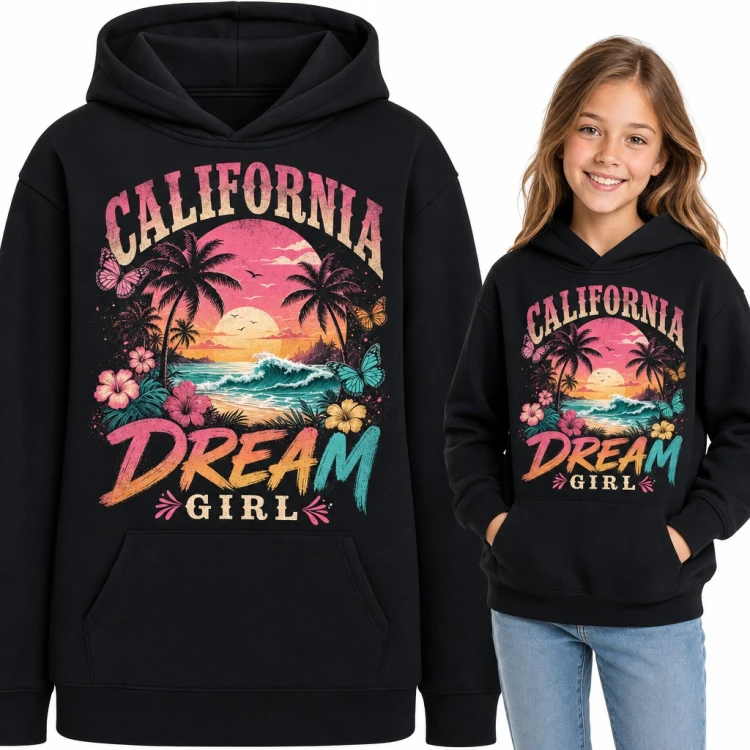 Bluza dziewczęca z kapturem „California Dream Girl” - plaża z palmami i motylami