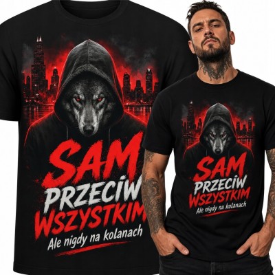 Koszulka męska z wilkiem w kapturze „Sam przeciw wszystkim” - mroczny miejski wzór
