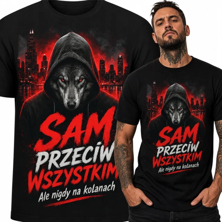 Koszulka męska z wilkiem w kapturze „Sam przeciw wszystkim” - mroczny miejski wzór