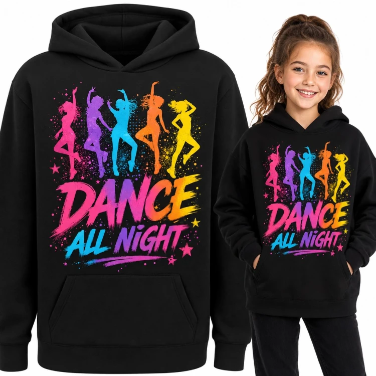 Bluza dziewczęca z kapturem - „Dance all night” z neonowymi tancerkami