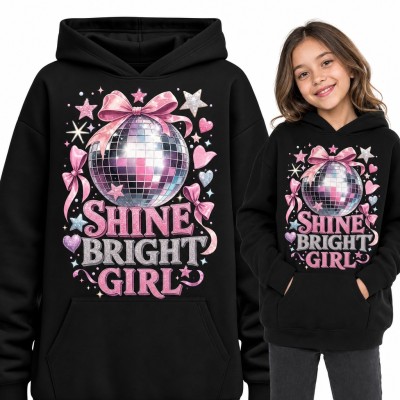 Bluza dziewczęca z kapturem - „Shine bright girl” z kulą disco i różową kokardą