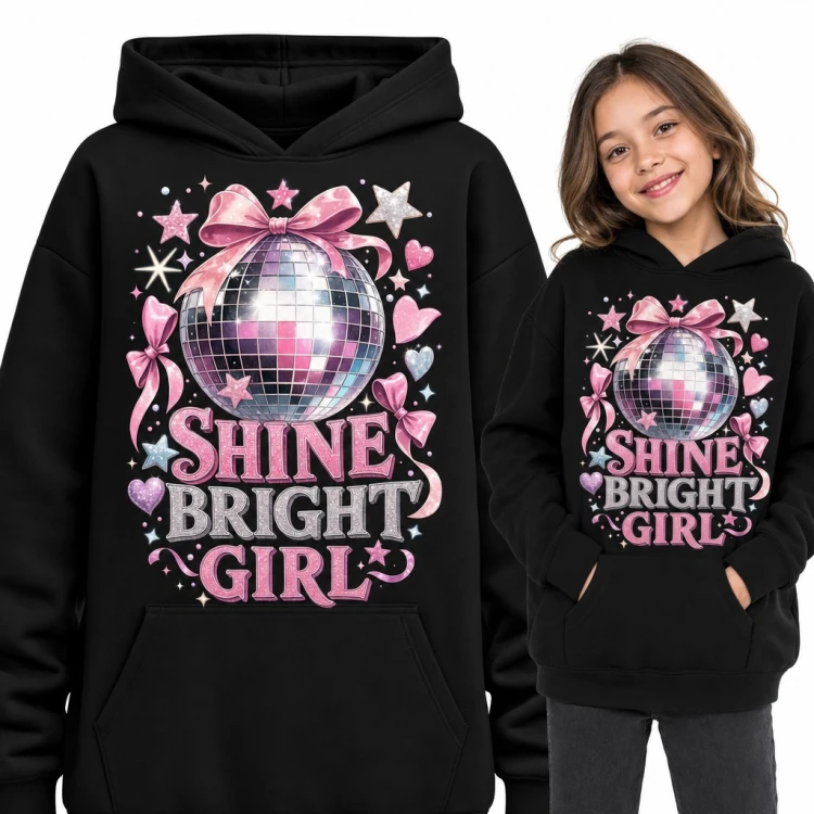 Bluza dziewczęca z kapturem - „Shine bright girl” z kulą disco i różową kokardą