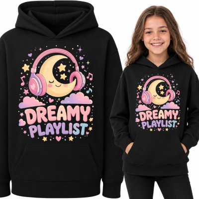 Bluza dziewczęca z kapturem - „Dreamy playlist” księżyc w słuchawkach